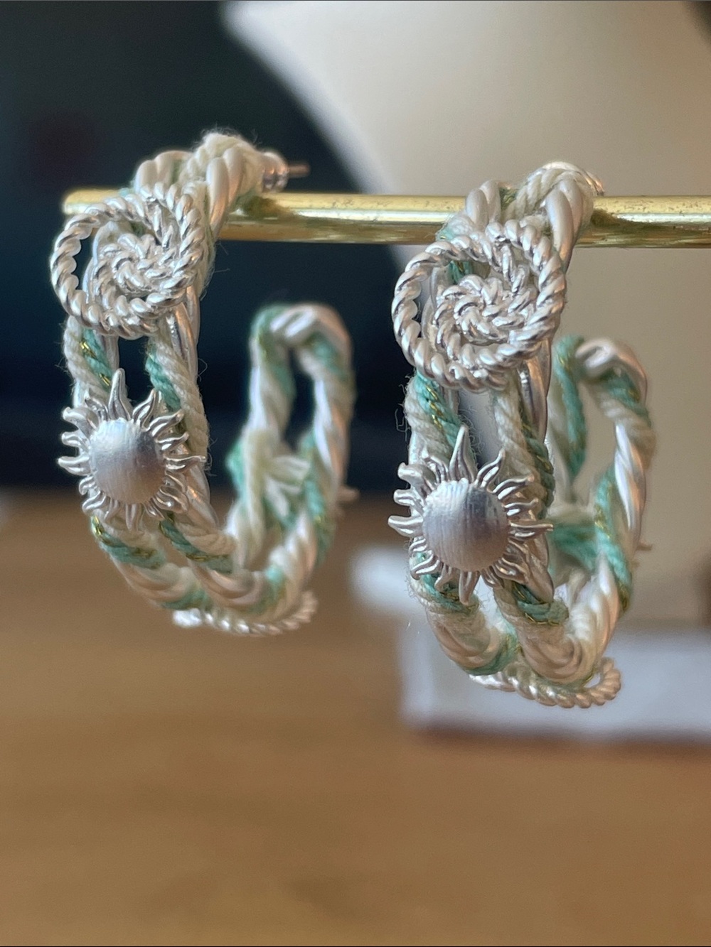 Anthropologie White and Mint Braided Floral Hoop Earrings - Picture 5 of 5